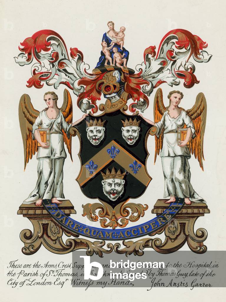 Coat of Arms of the Hospital in the parish of St Thomas, Southwark (coloured engraving)