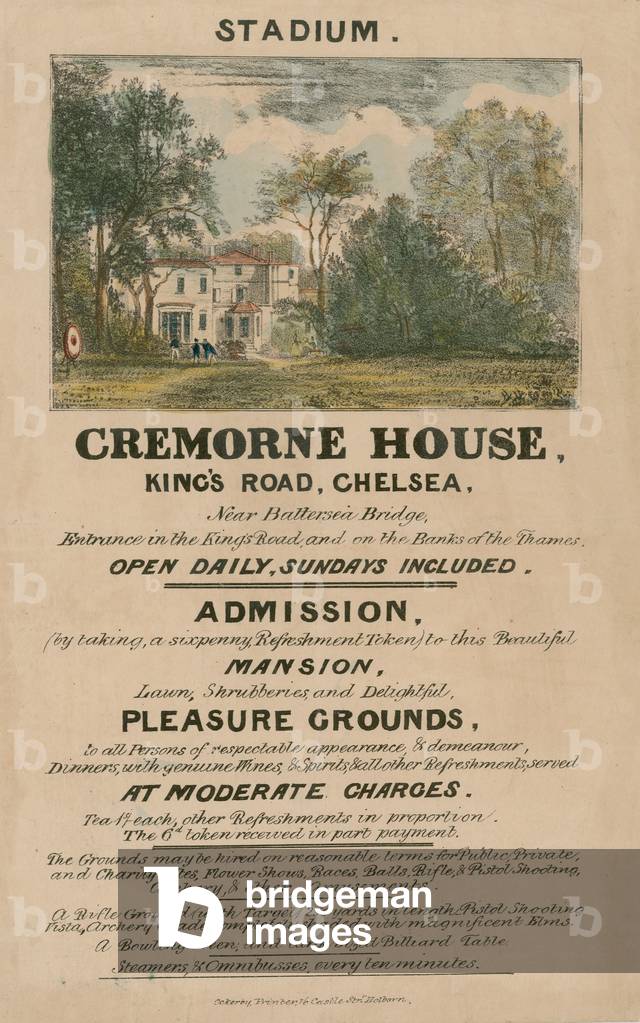 Promotional leaflet for The Stadium, Cremorne House, King's Road, Chelsea, London (coloured engraving)