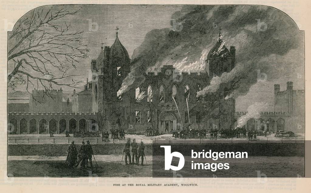 Fire at the Royal Military Academy in Woolwich (engraving)