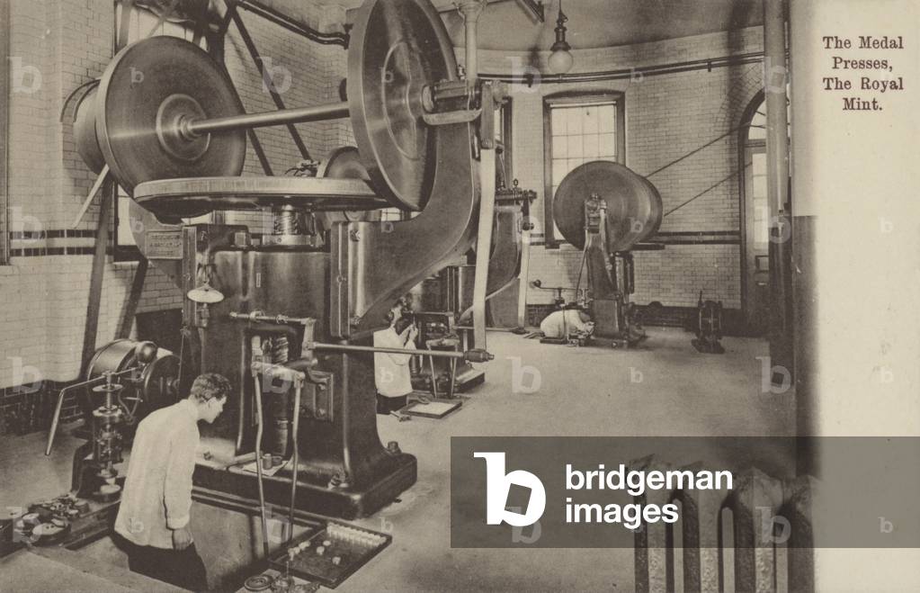 The medal presses, the Royal Mint, London (b/w photo)