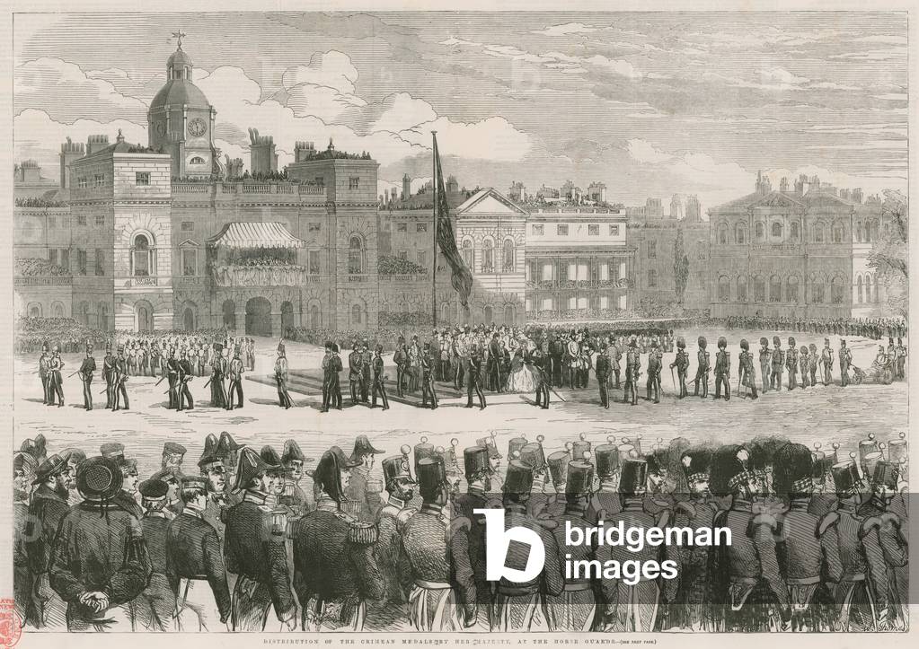 Distribution of the Crimean medals by Her Majesty at the Horse Guards (engraving)