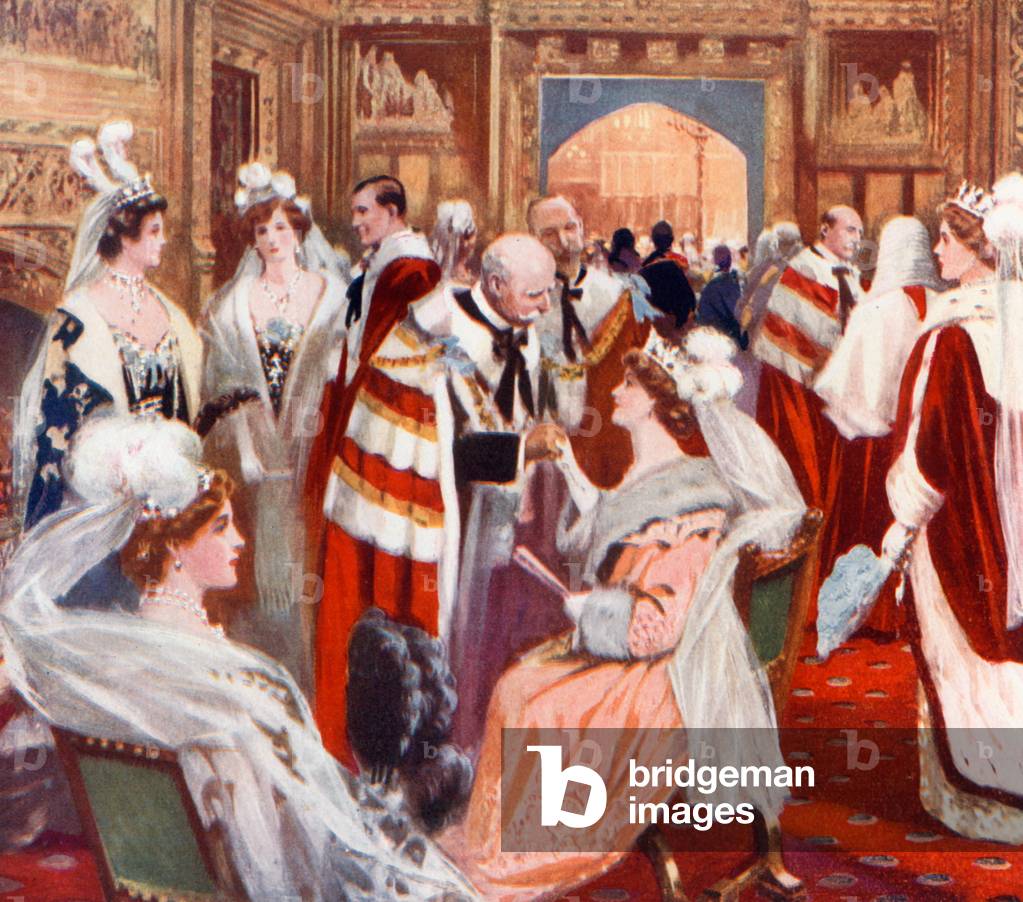 The anteroom of the House of Peers before the State Opening of Parliament (colour litho)