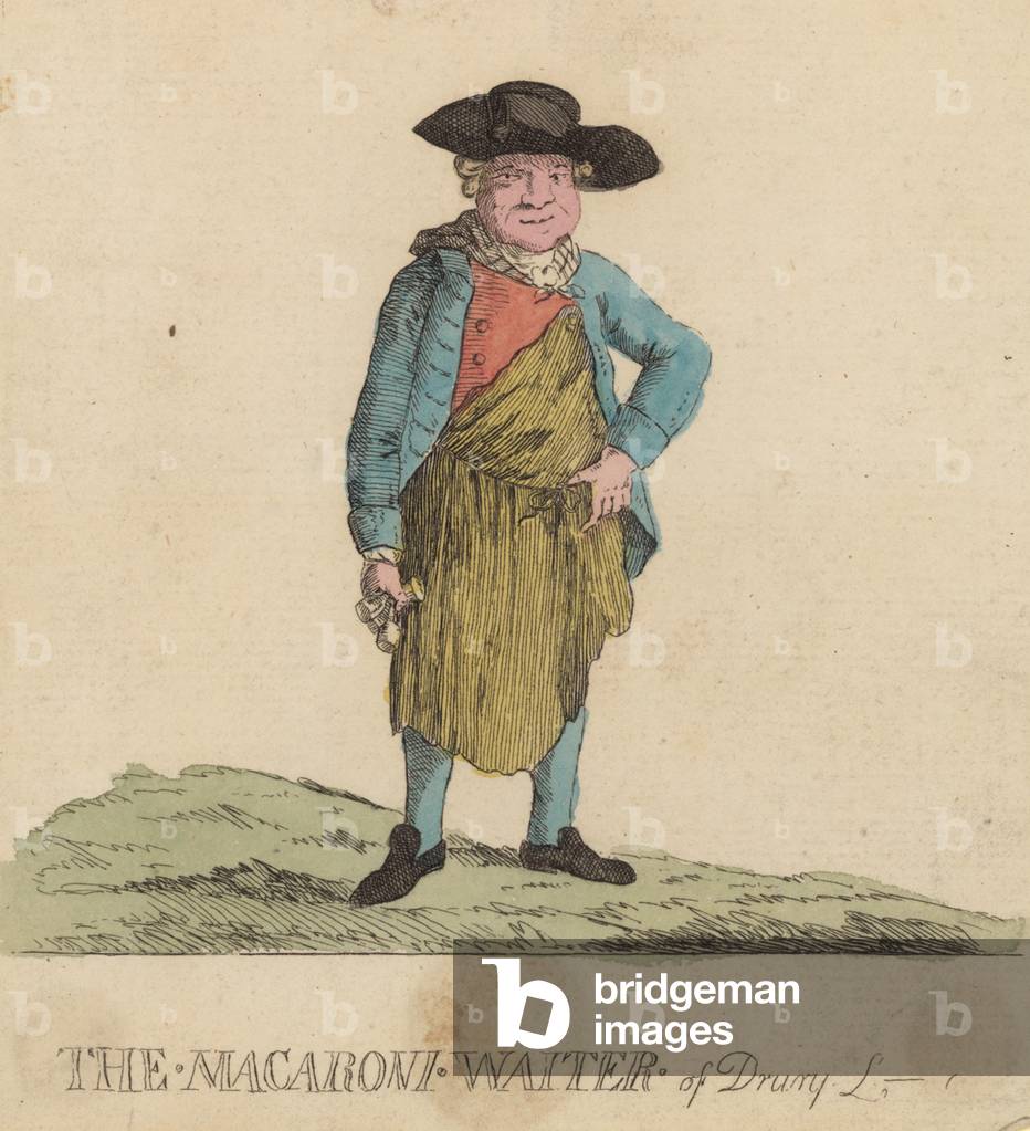 The Macaroni Waiter of Drury Lane, London (coloured engraving)