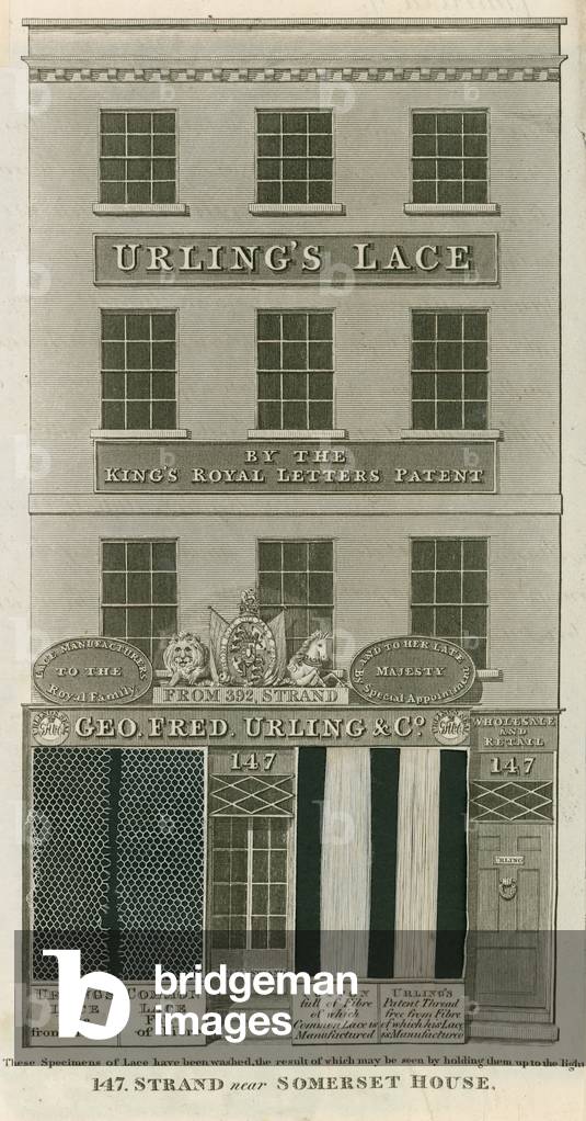 George Frederick Urling & Co, lace sellers, 147 Strand, near Somerset House, London (engraving)