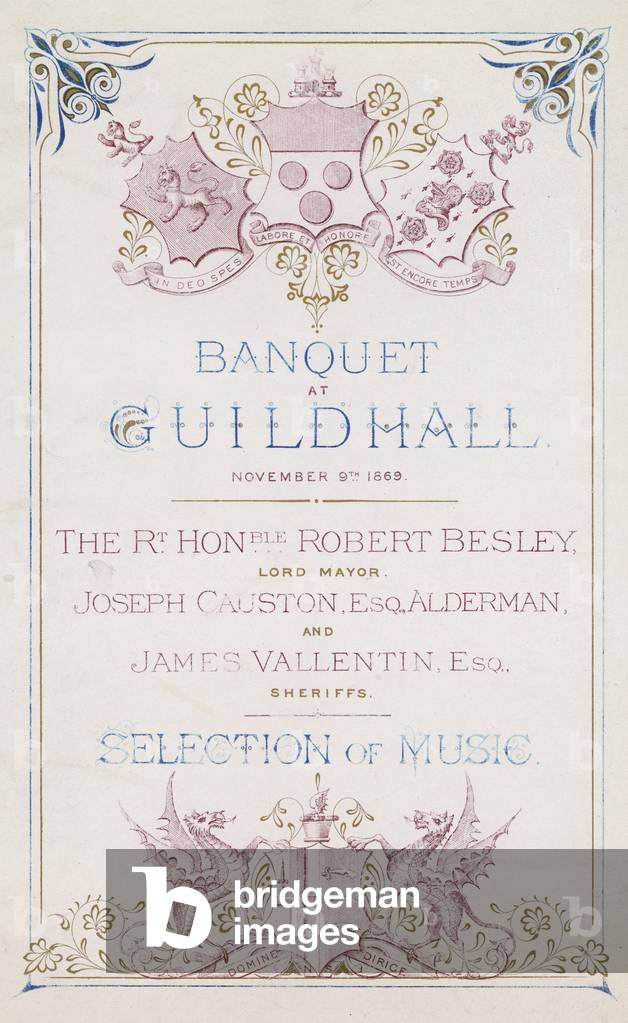 Invitation to a banquet at the Guildhall, London, on 9 November 1869 (coloured engraving)