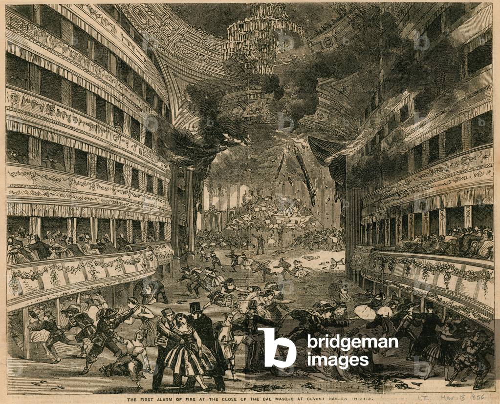 The first alarm of fire at the close of the Bal Masque at Covent Garden Theatre, London (engraving)