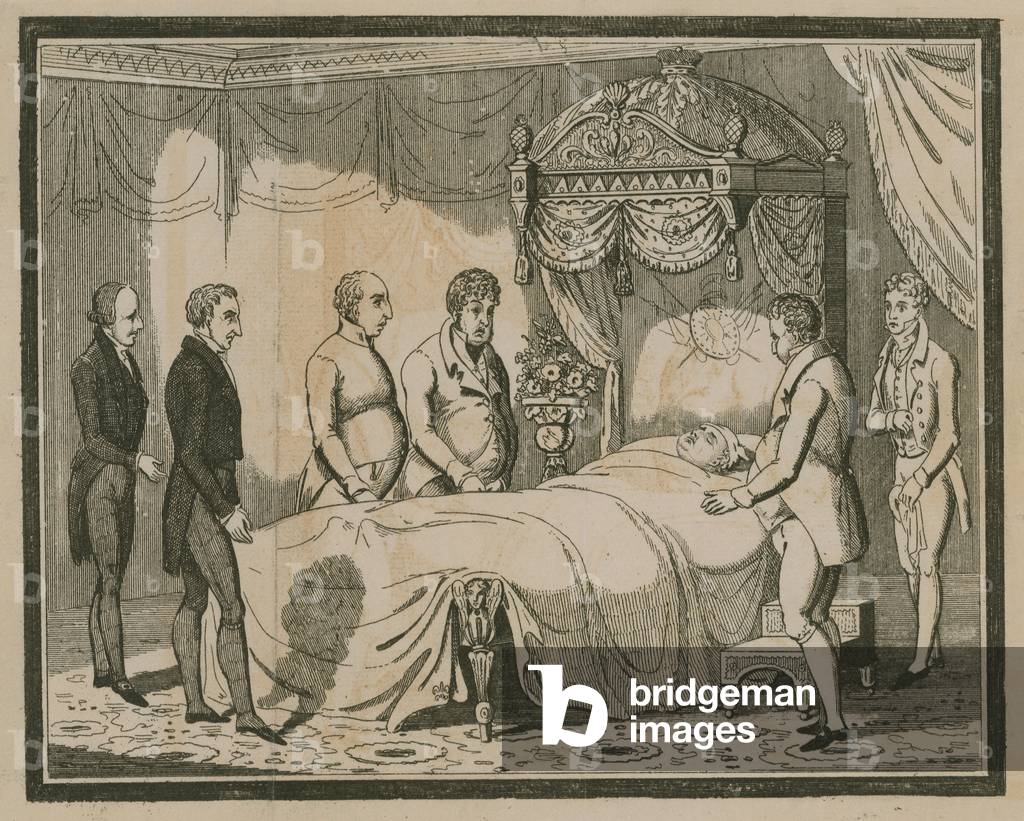 Friends surround the bed of a dying man (engraving)