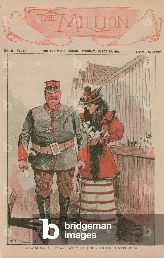 Claiming a stray - at the dogs' home, Battersea (colour litho)