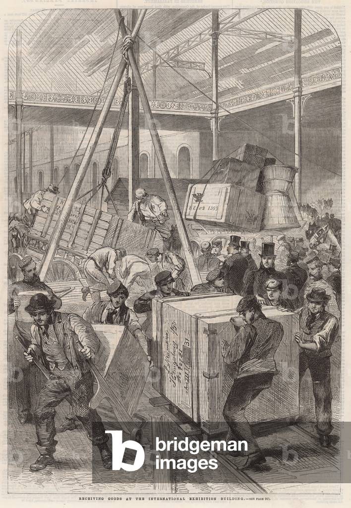 Receiving goods at the International Exhibition building (engraving)