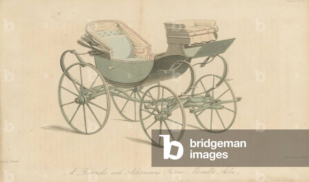 A Barouche with Ackerman's Patent Moveable Axles (coloured engraving)