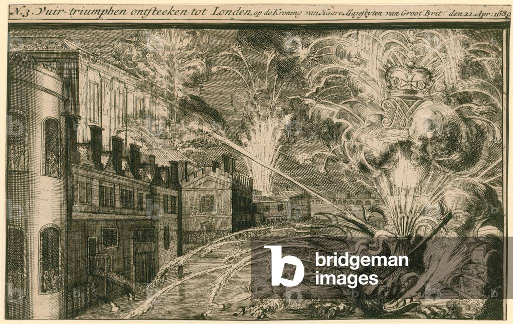 Fireworks for the coronation of William and Mary (engraving)