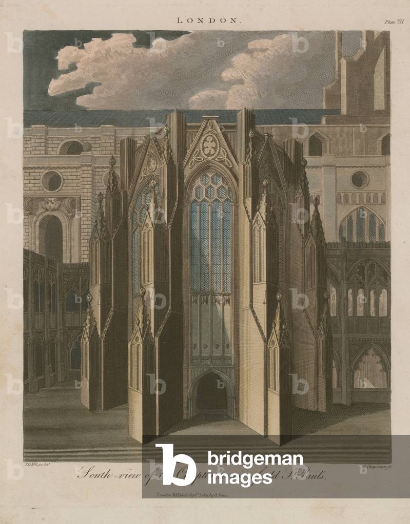 South view of the Chapter House of old St Paul's Cathedral (coloured engraving)