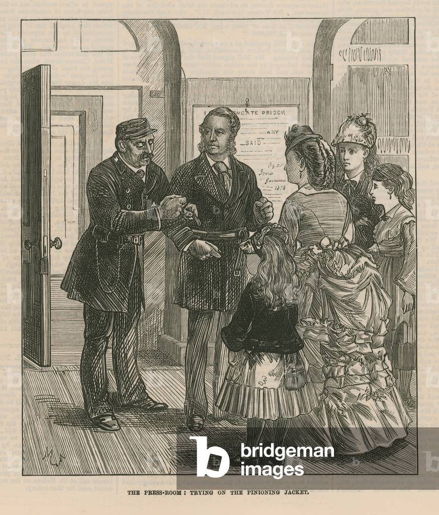 Trying on the pinioning jacket (engraving)