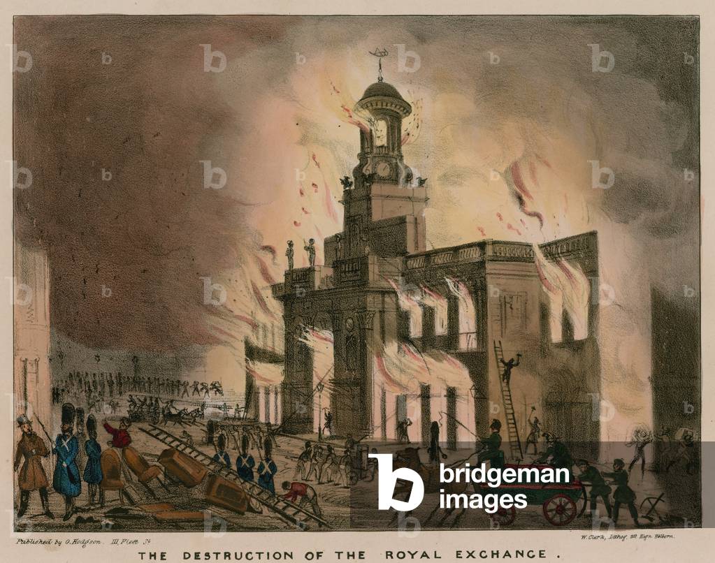 The destruction of the Royal Exhange, London, by fire on the night of 10 January 1838 (coloured engraving)