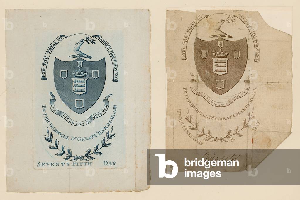 Admission tickets for the trial of Warren Hastings (engraving)