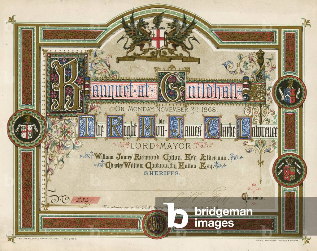 Invitation to a banquet at the Guildhall, London, on 9 November 1868 (chromolitho)