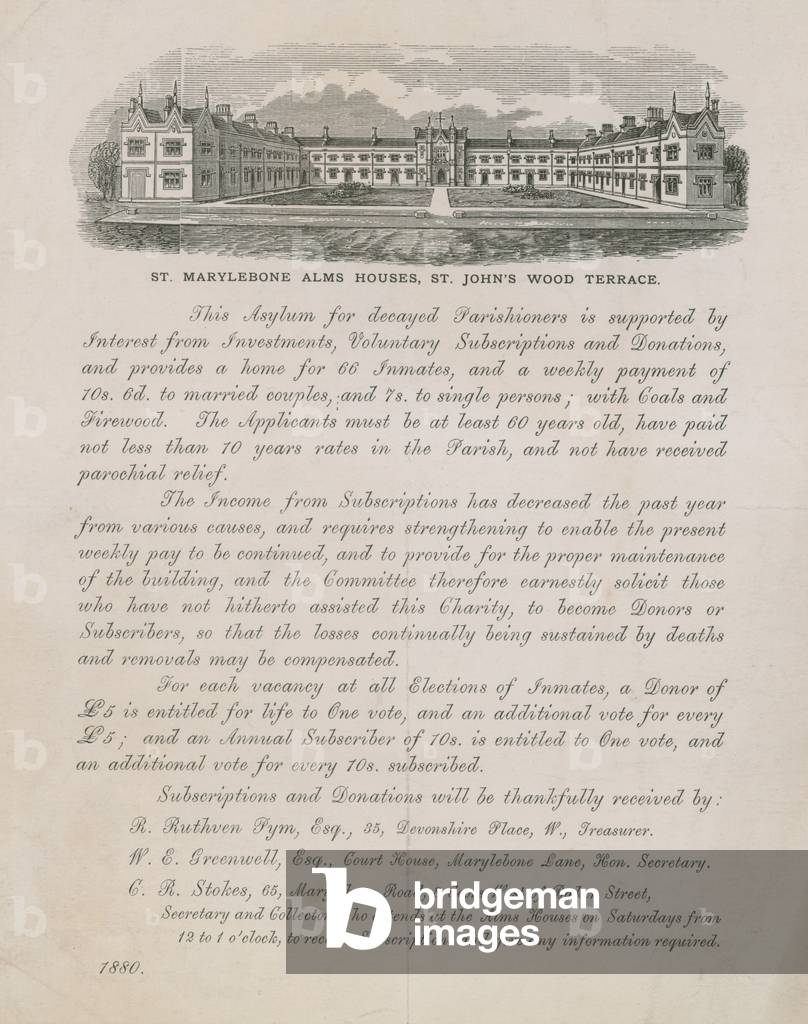 Advertisement for St Marylebone Alms Houses (engraving)