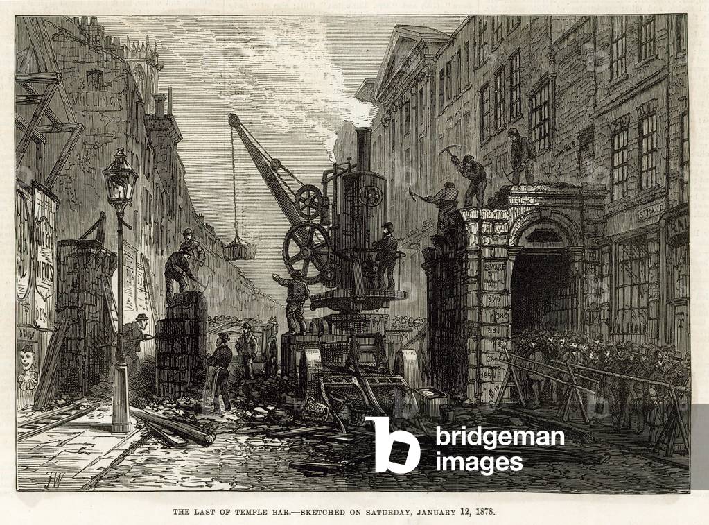 Temple Bar, London.  Demolition, 12 January 1878 (engraving)