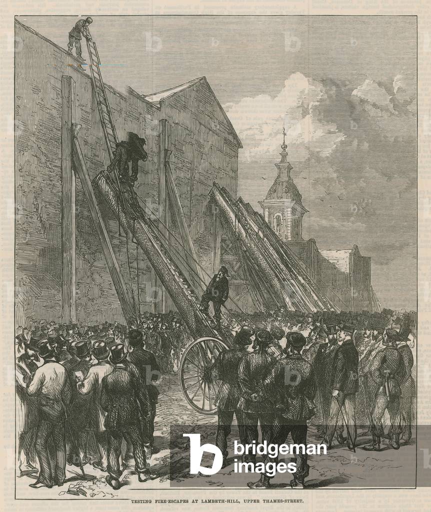 Testing fire escapes at Lambeth Hill, Upper Thames Street (engraving)