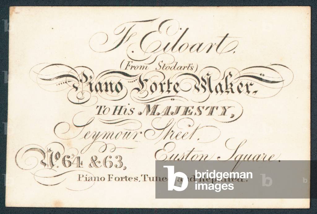 F Eiloart, piano forte maker, trade card (engraving)