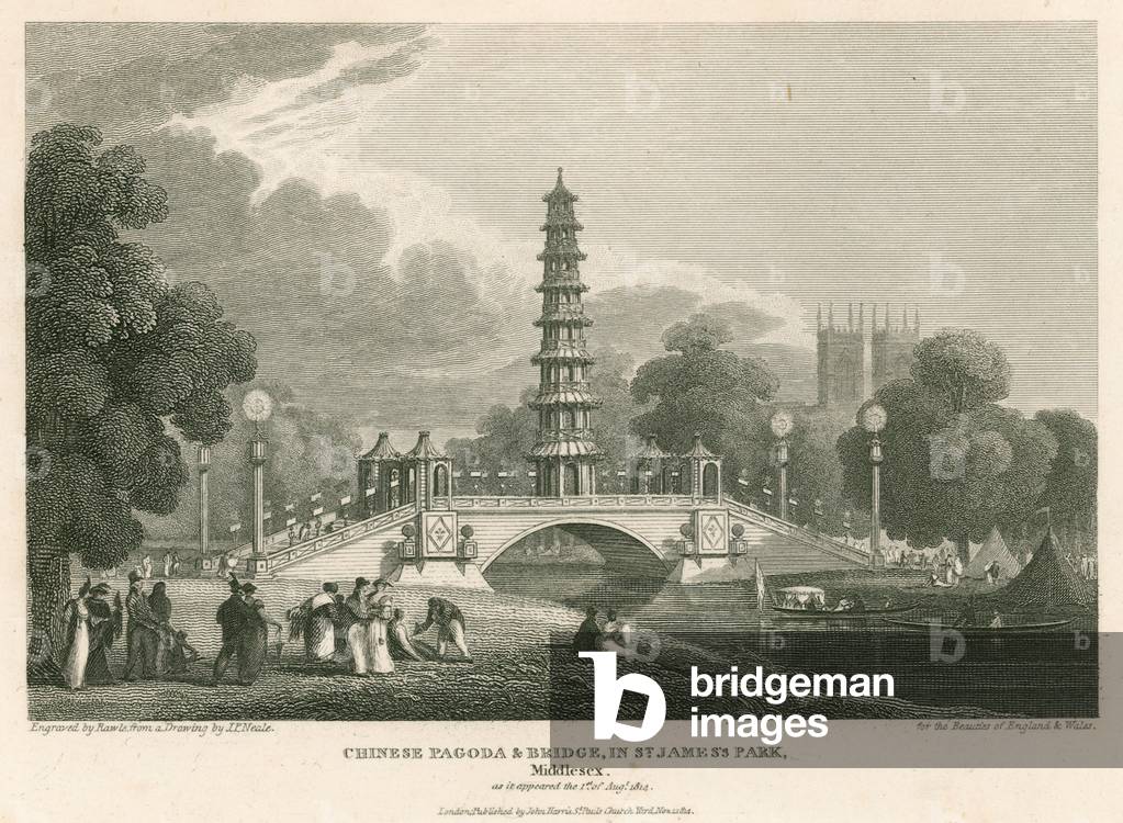 Chinese pagoda and bridge, St James's Park, London, as it appeared on 1 August 1814 (engraving)