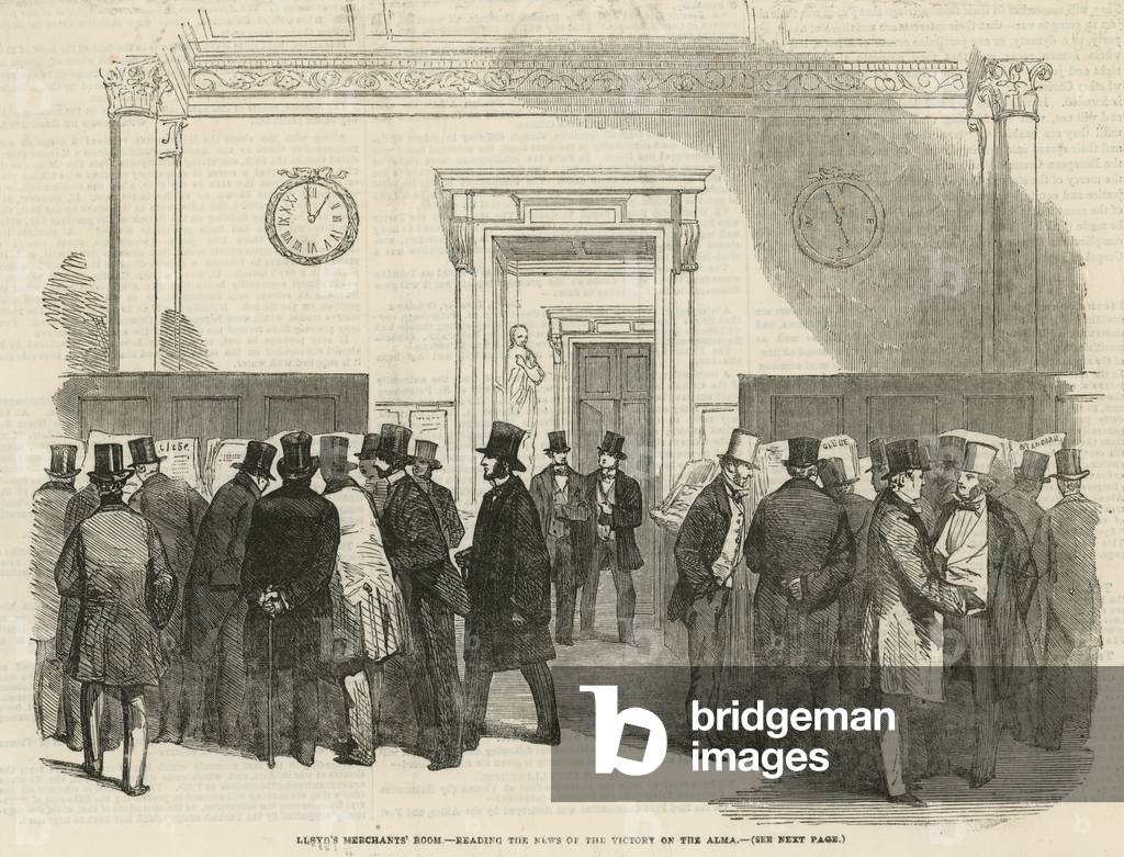 Lloyd's Merchants' Room - reading the news of the victory on the Alma (engraving)