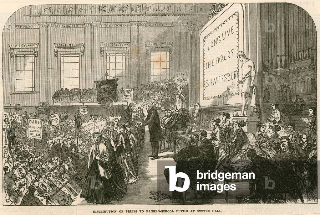 Distribution of prizes to ragged-school pupils at Exeter Hall, Strand, London (engraving)