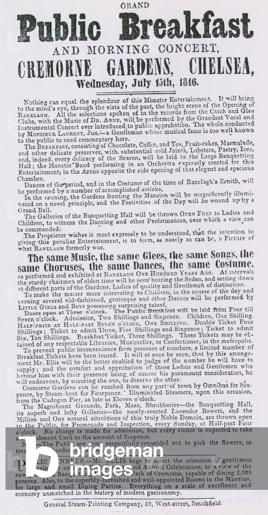 Advert for grand public breakfast and morning concert, Cremorne Gardens, Chelsea (engraving)
