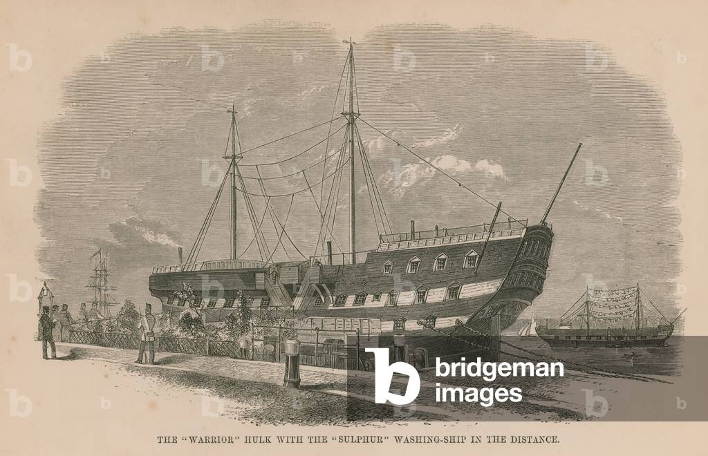 The 'Warrior' hulk with the 'Sulphur' washing ship in the distance (engraving)