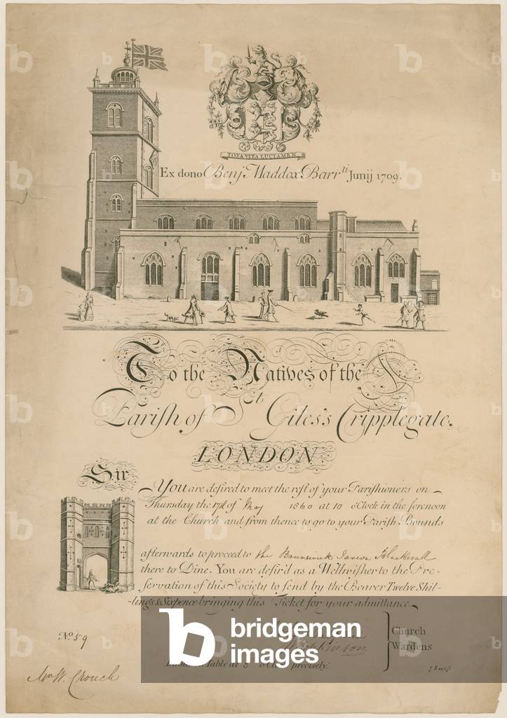 Parish of St Giles's Cripplegate, beating the bounds, invitation, 1860 (engraving)