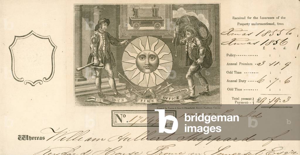 Receipt for payment of insurance from Sun Fire Office, London (engraving)