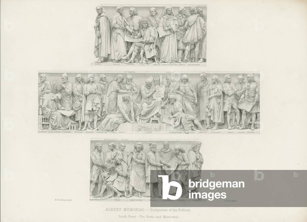 Sculptures on the podium of the Albert Memorial (engraving)