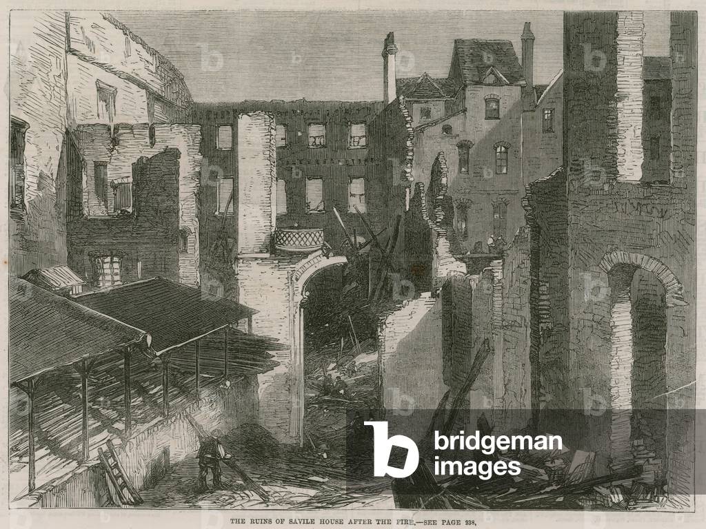The ruins of Savile House, Leicester Square, London, after the fire (engraving)