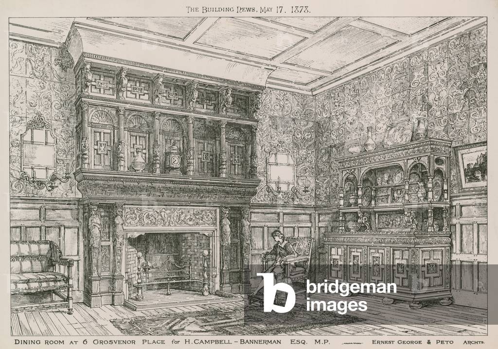 Dining room at 6 Grosvenor Place for H Campbell-Bannerman, MP (engraving)
