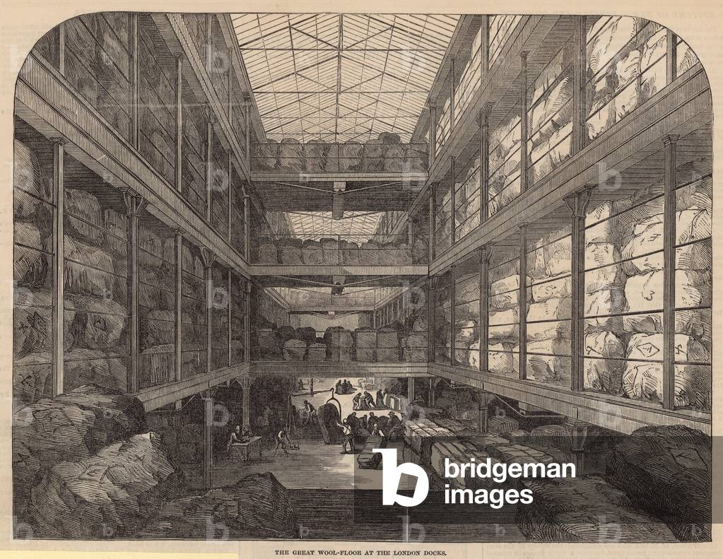 The great wool-floor at the London Docks (engraving)