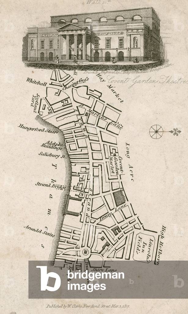 Covent Garden Theatre, London, and map of surrounding area (engraving)