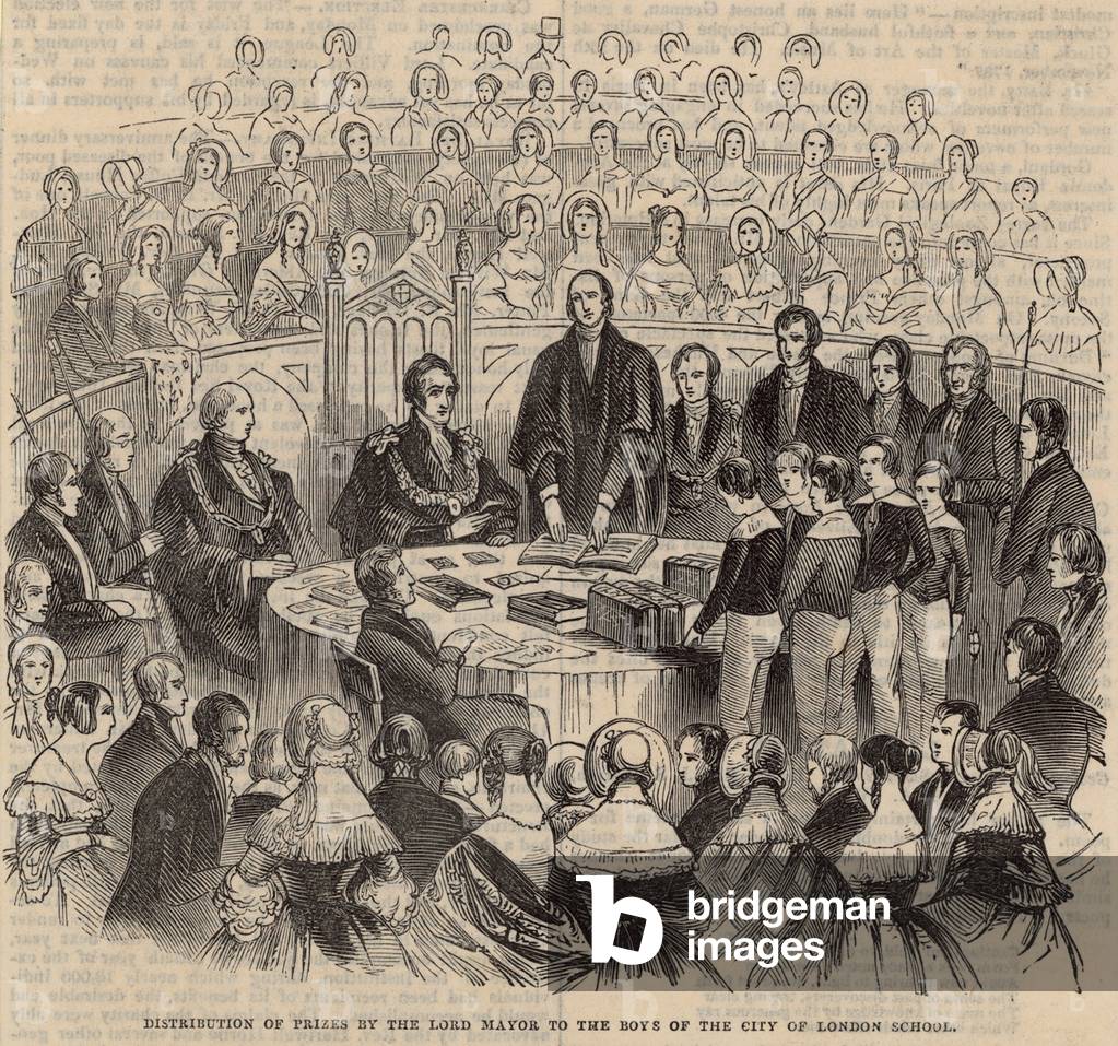 Distribution of prizes by the Lord Mayor to the boys of the City of London School (engraving)
