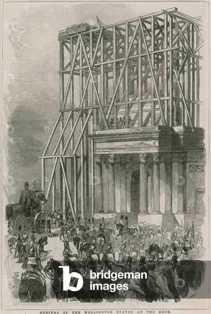 Arrival of the Wellington statue at the Arch, Hyde Park Corner, London (engraving)