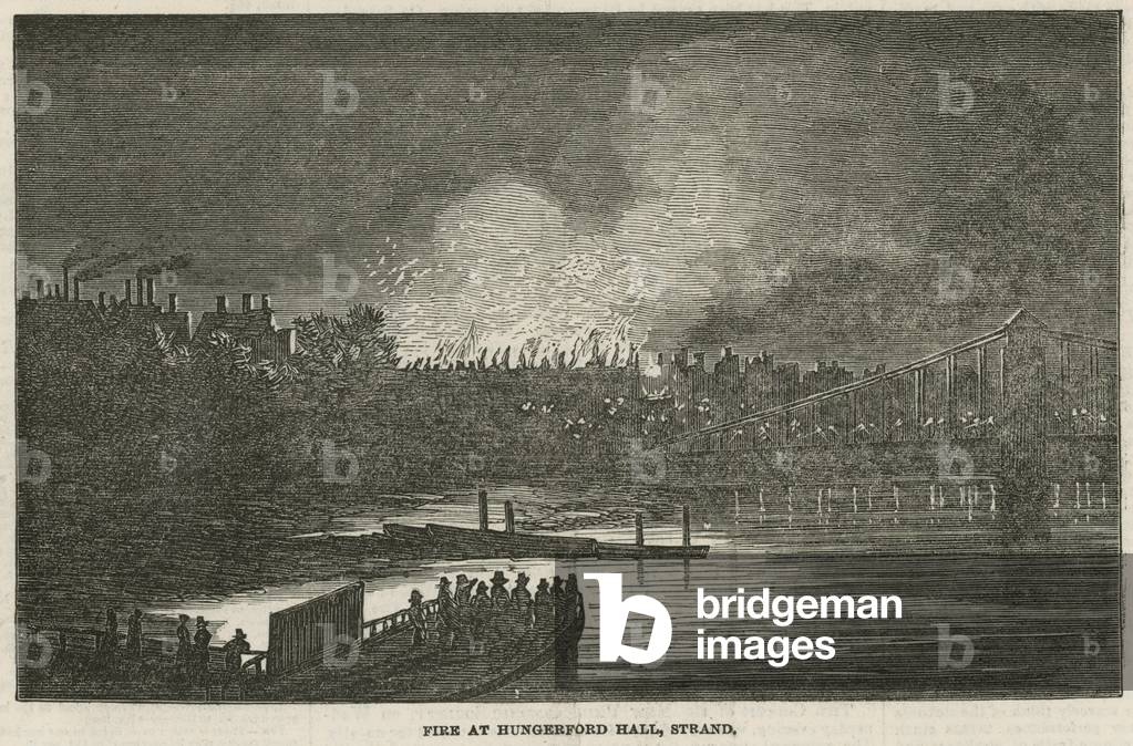 The destruction by fire of Hungerford Hall, Strand, London (engraving)