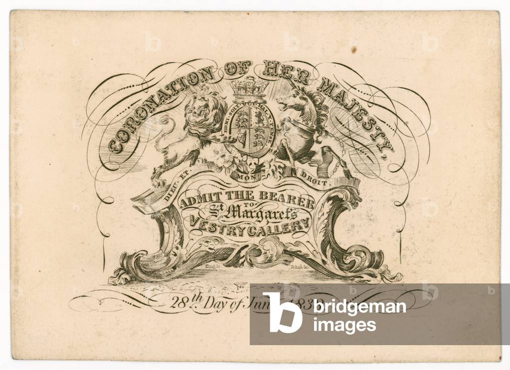 Admission ticket to St Margaret's Vestry Gallery, for the coronation of Queen Victoria, 28 June 1838, front (engraving)