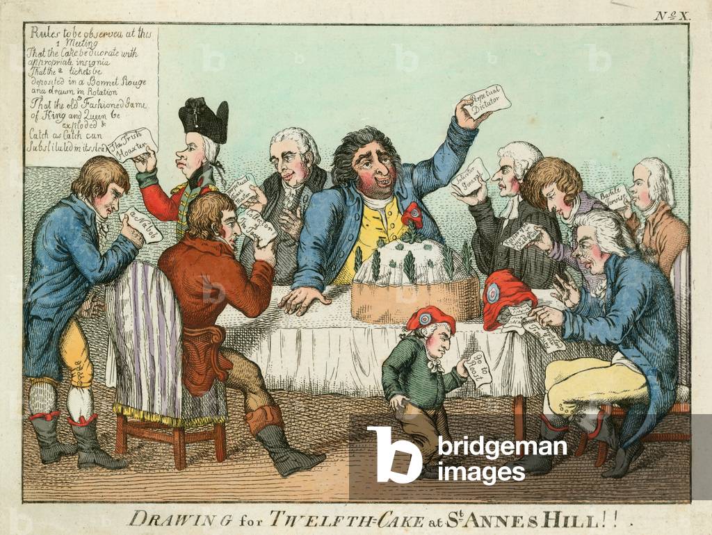 Drawing for Twelth Cake at St Anne's Hill (coloured engraving)