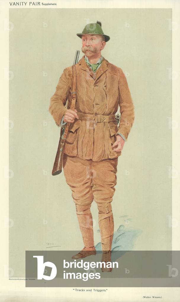Mr Walter Winans, Tracks and triggers, 9 June 1909, Vanity Fair cartoon (colour litho)