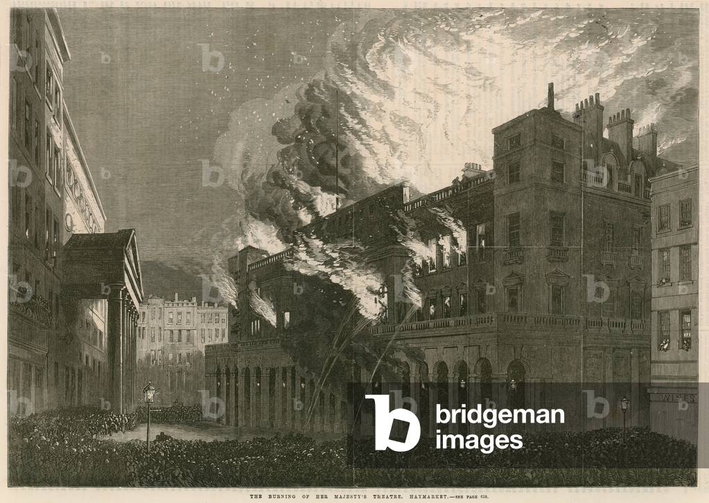 The burning of Her Majesty's Theatre, Haymarket, London (engraving)