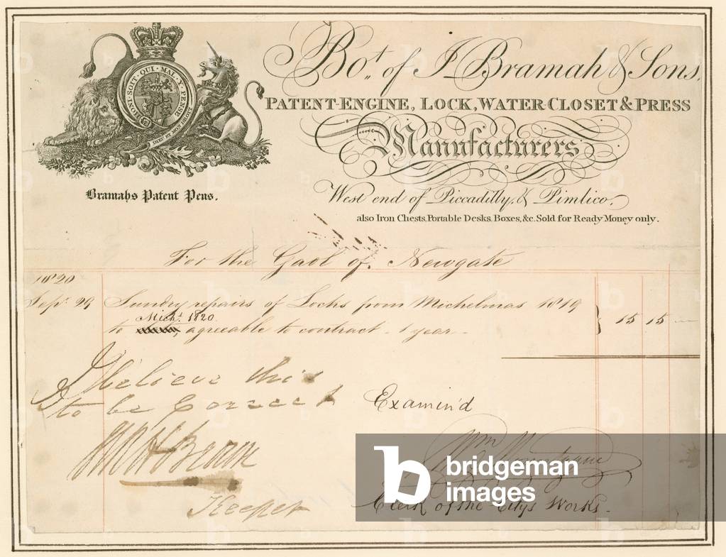 Bill for repairs to locks at Newgate prison.  Signed by the Keeper (engraving)