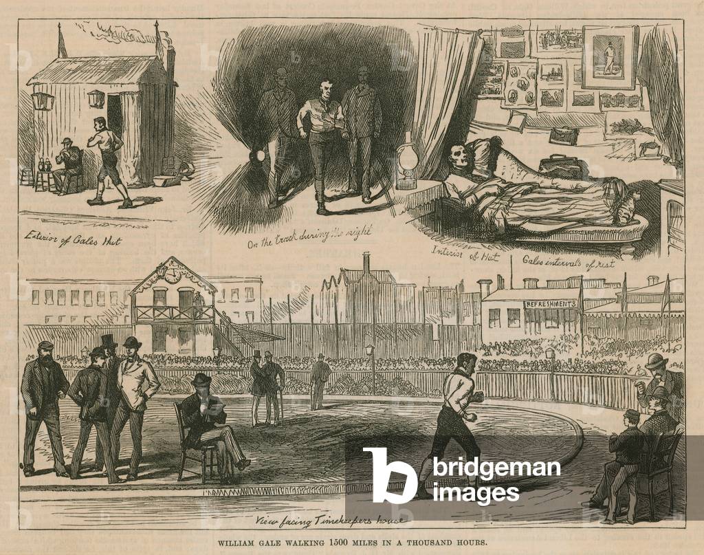 William Gale walking 1,500 miles in a thousand hours (engraving)