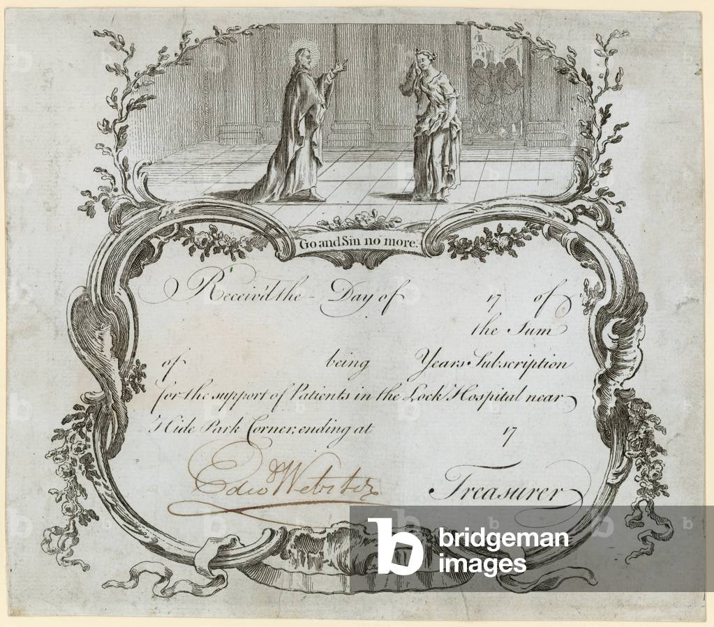 Lock Hospital, Hyde Park Hospital. Donation slip (engraving)