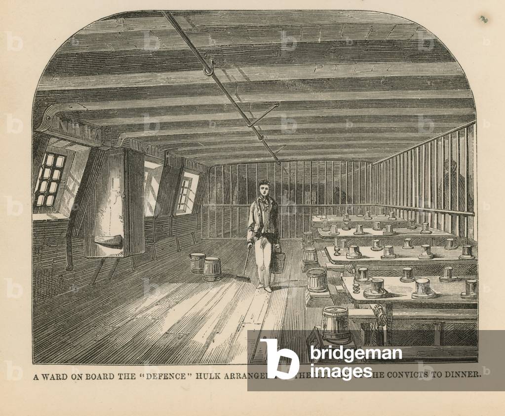 A ward on board the 'Defence' hulk (engraving)