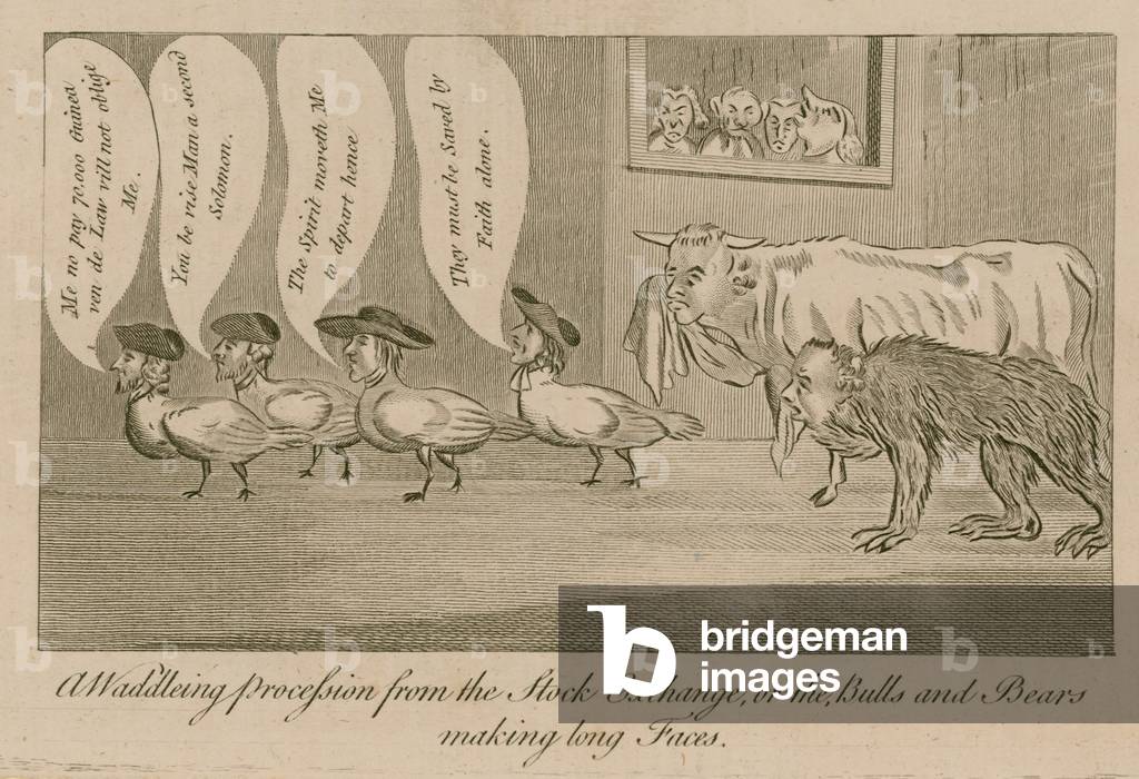 A waddling proccession from the Stock Exchange, or the bulls and bears making long faces (engraving)