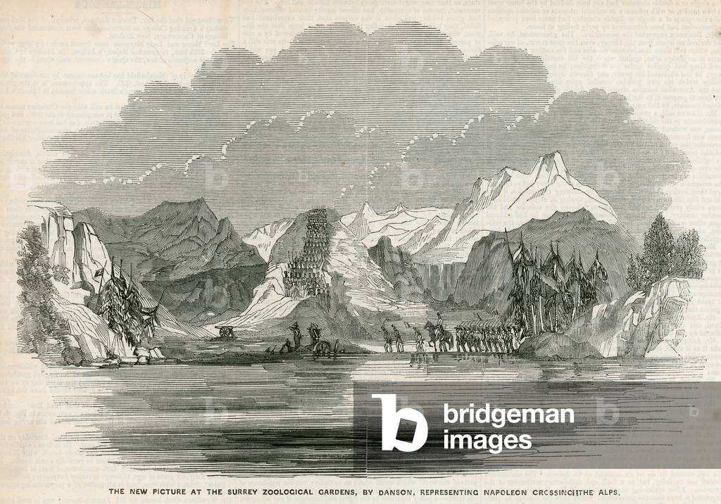 The new picture at the Surrey Zoological Gardens, by Danson, representing Napoleon crossing the Alps (engraving)