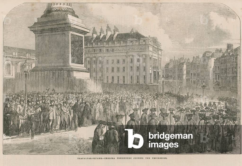 Chelsea pensioners joining the procession (engraving)